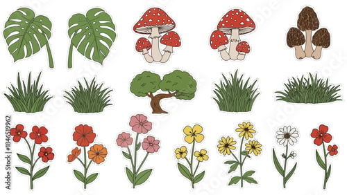 Illustrated collection of plants, flowers, grass, and mushrooms in a whimsical style