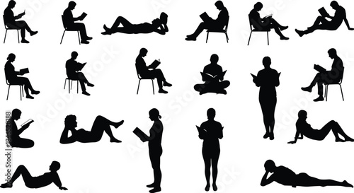 Twenty figures reading in diverse relaxed and attentive poses, silhouettes of readers sitting, standing, reclining, cross-legged, lying, holding books, cozy reading lifestyle vector illustration