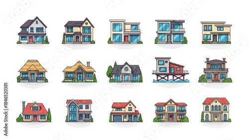 Illustrated set of various residential properties featuring modern, traditional, and unique architectural styles
