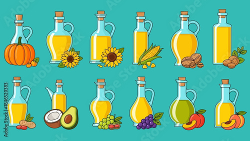 A set of illustrations displaying various healthy cooking oils derived from natural sources like fruits and seeds