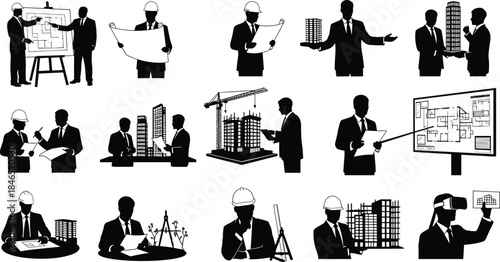 Architecture silhouettes, blueprint planning, construction site roles, VR design, building models, flat vector