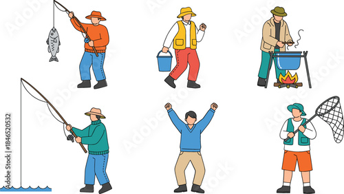  Flat vector character set of fishermen catching fish carrying buckets and cooking over a campfire for outdoor hobby camping and leisure design.