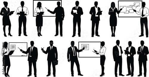 Business, presentation, discussion, teamwork, whiteboard, chart, diagram, tablet, professional, silhouette, meeting, flat vector