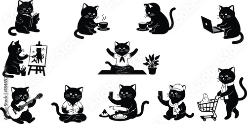 Cartoon cat silhouettes, creative activities, reading, painting, yoga, cooking, shopping, flat vector