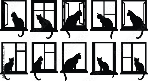 Cats in window frames silhouette, seated poses, architectural variety, peaceful scene, flat vector