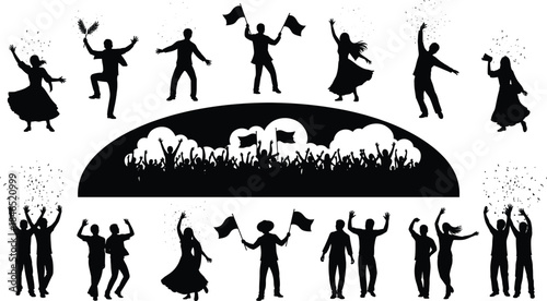 Celebration crowd, public gathering, dancing, flags, confetti, unity, joy, silhouette, flat vector