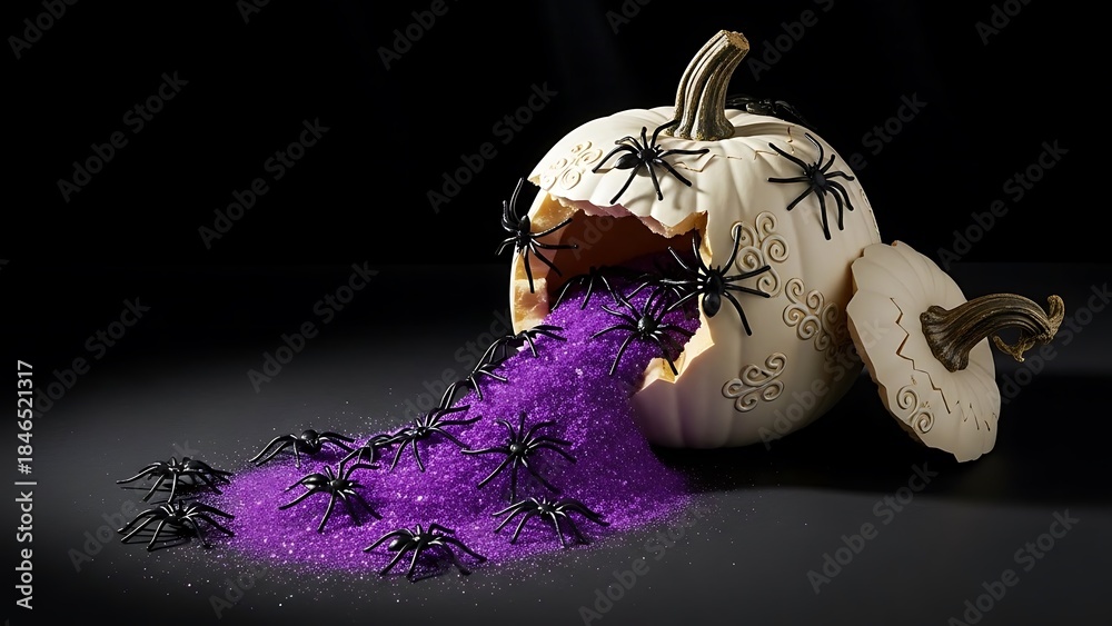 Obraz premium Spooky Halloween pumpkin spilling purple glitter and plastic spiders scary creepy