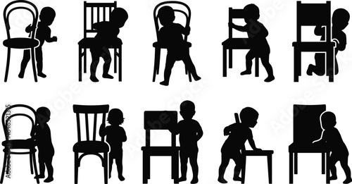 Children interacting with chairs, silhouette poses, indoor activity, motor skills study, flat vector