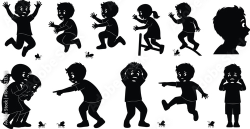 Children reacting to insects, fear and surprise silhouettes, ants, beetles, playful emotion, vector