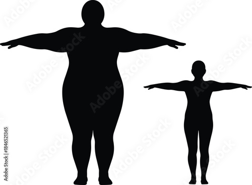 Two human silhouettes side by side showing large and small body size contrast, comparative anatomy, body diversity, proportion study, vector minimal illustration