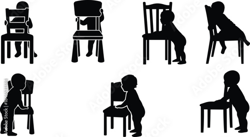 Children with chairs silhouette, playful poses, indoor scene, child development, flat vector