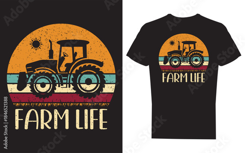 Vintage farm life tshirt design with tractor and sunset