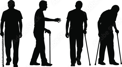 Elderly silhouettes walking with cane, mobility aid, aging support, rehabilitation, flat vector