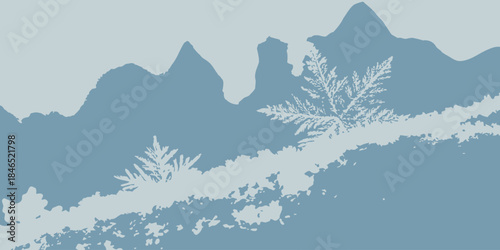 Snowy mountain landscape with frosty pine branches