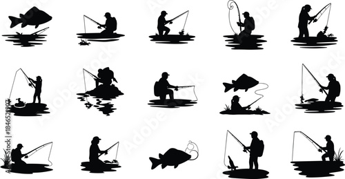 Fishing silhouette, boat, shore, catch, rod, fish jump, outdoor, recreation, flat vector