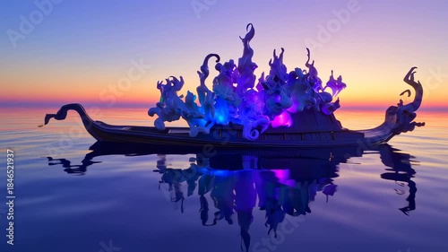 A boat-shaped structure with abstract, flowing elements glows on calm waters, reflected in the sea