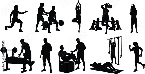 Fitness training silhouettes, exercise poses, partner workouts, gym routines, strength moves, flat vector