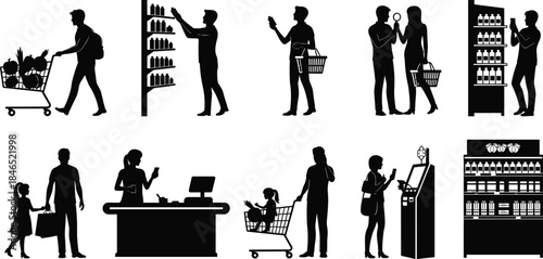 Grocery store silhouettes, shopping scenes, retail interaction, shelf browsing, checkout, flat vector