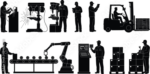 Industrial silhouettes, manufacturing tasks, welding, drilling, forklift, automation, inspection, teamwork, flat vector