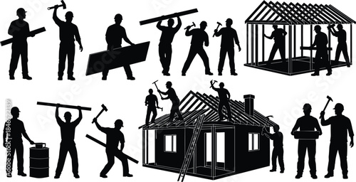 House construction silhouettes, framing, roofing, teamwork, hammering, building stages, workers, flat vector