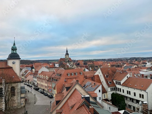 Blick von den Türmen der Stadt Naumburg: Marientor, Marien-Magdalenen-Kirche, de Stadtkirche St.-Wenzel und der Naumburger Dom, Blick zum Weihnachtsmarkt und dem Borlachturm