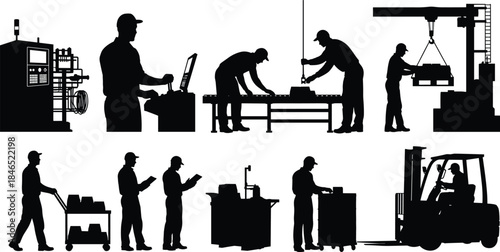 Industrial workers, factory equipment, manufacturing process, silhouette icons, labor tools, flat vector