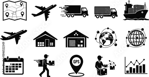 Logistics and supply chain icons, transport, delivery, global network, warehouse, flat vector