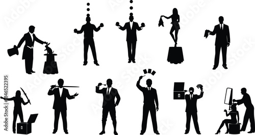 Magician silhouette acts, illusion tricks, juggling, levitation, sword play, flat vector