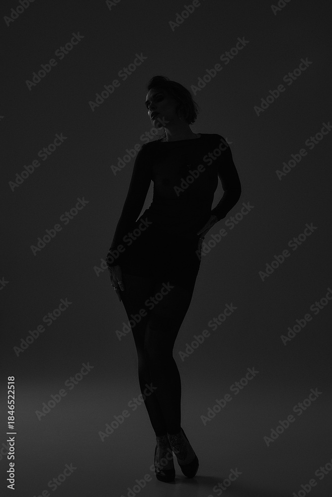 Fototapeta premium Elegant woman in black dress posing in dramatic low key lighting and shadow