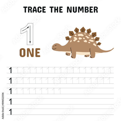 Number 1 Tracing Worksheet with Dinosaur for Kids