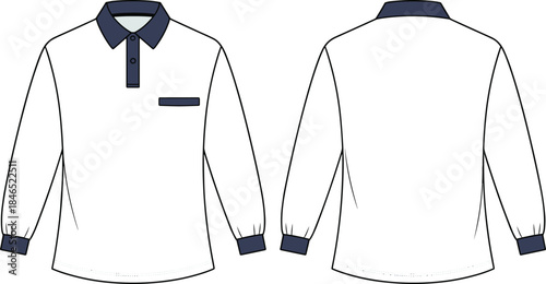 Polo shirt front back view, contrast collar, chest pocket, long sleeve, cad drawing flat vector