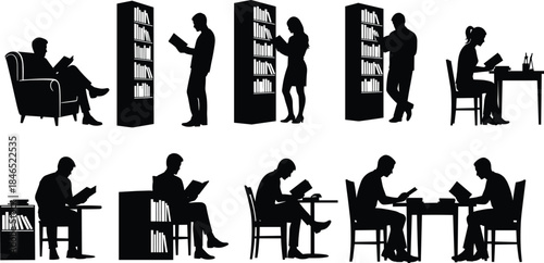 Reading people, book lovers, library, study, education, posture, leisure, silhouette, flat vector
