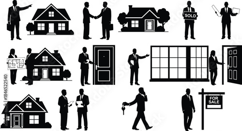 Real estate silhouettes, home buying scenes, agent interactions, property signs, flat vector
