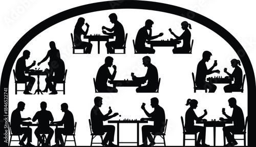 Tabletop gaming silhouettes, chess and card play, strategic interaction, dome scene, flat vector