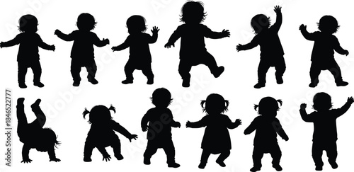 Toddler activity silhouettes, walking, jumping, dancing, handstands, playful poses, childhood movement, flat vector