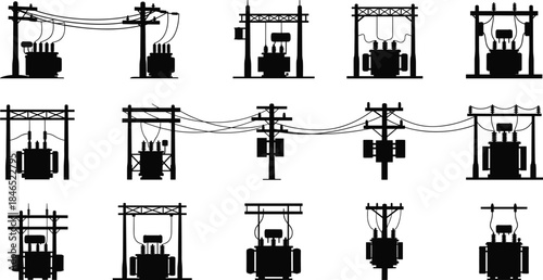 Transformer installation, utility pole, power line, grid system, energy, silhouette, infrastructure, flat vector
