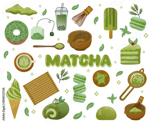 Matcha tea element illustration set various matcha food variants