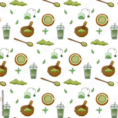 Matcha tea illustration seamless pattern
