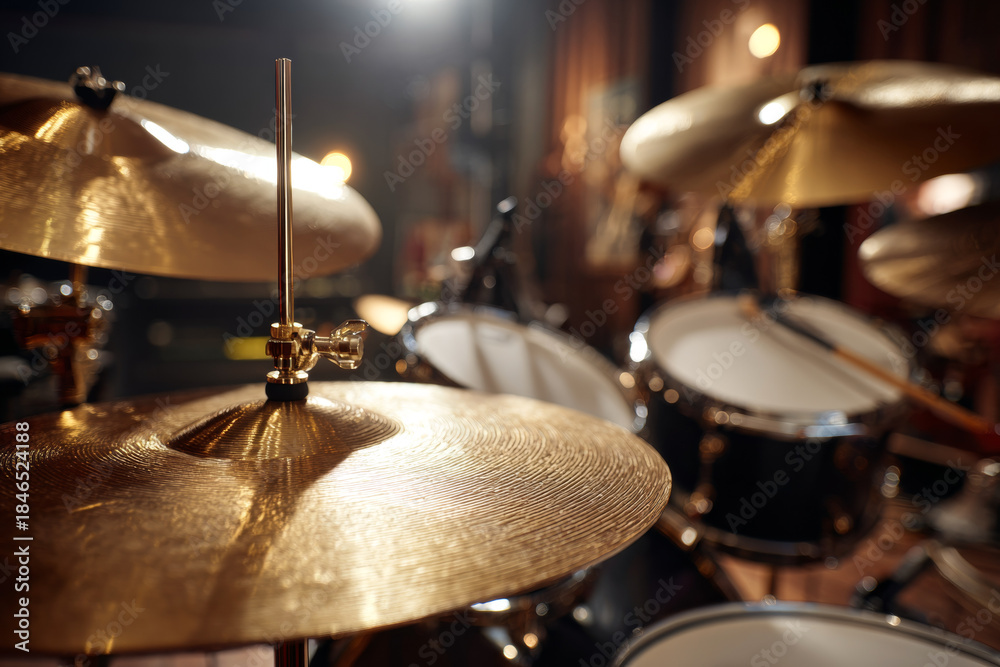Obraz premium A drum kit with golden cymbals and black drums, highlighting textured metallic surfaces in a music studio setting