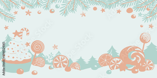 Festive Christmas background with cupcakes and candies