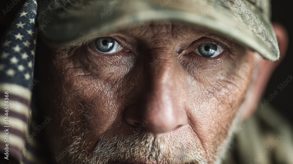 Obraz premium Courage in the Eyes: A veteran's portrait, eyes revealing resilience and pride as he holds the flag, a testament to service and sacrifice.