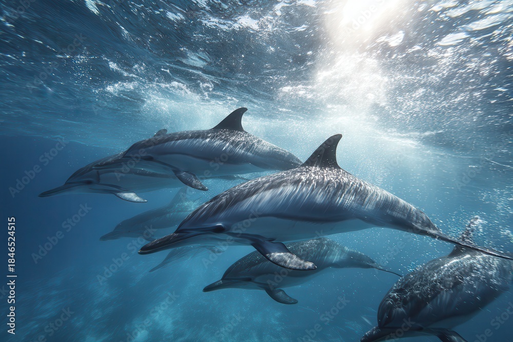 Naklejka premium Dolphins swimming in a playful pod in the ocean during a sunny day