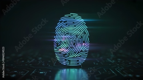 Futuristic biometric scan of a glowing cyan fingerprint on black – Excellent for privacy, surveillance, innovation, or technology interface.