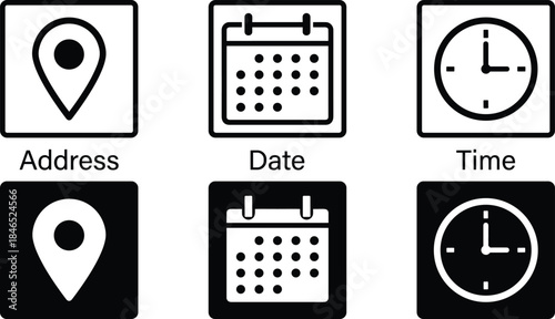 Location pin icon, calendar symbol, clock graphic, black and white UI elements, date time address icons, digital interface design, minimal style