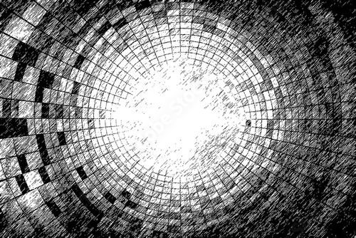 Radial Tunnel Pattern Background with Grungy Textured Grid - Abstract Black and White Geometric Design