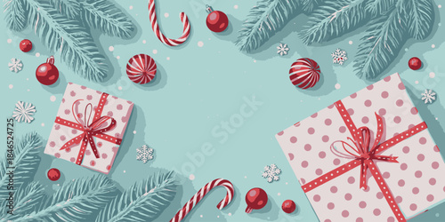 Festive holiday gifts and decorations on a blue background