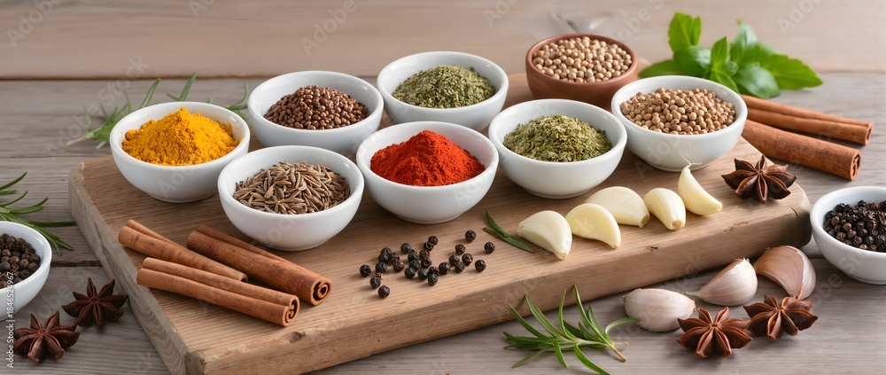 Fototapeta premium Assorted Colorful Spices and Aromatic Herbs in Bowls on Rustic Wooden Table