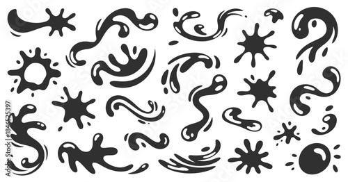 Splash water vector black set icon, fresh droplet illustrations isolated on white background, perfect for liquid graphics, water-themed designs, digital