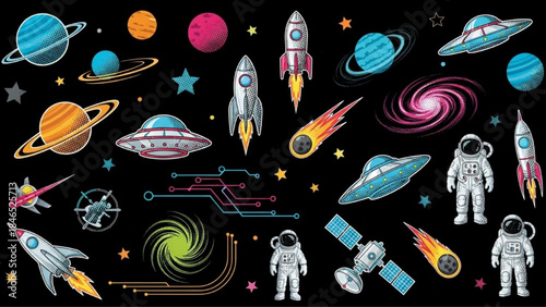Modern Retro Halftone Space Sci-Fi Sticker Elements Set on Black Background