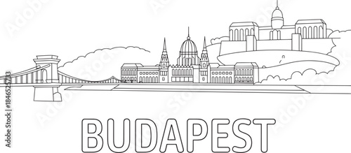 Budapest hungary cityscape skyline with historical buildings line art vector illustration